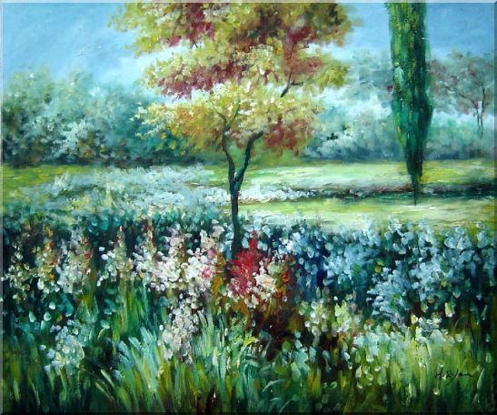 Colorful Flowers and Trees in a Garden Oil Painting Landscape Impressionism 20 x 24 Inches