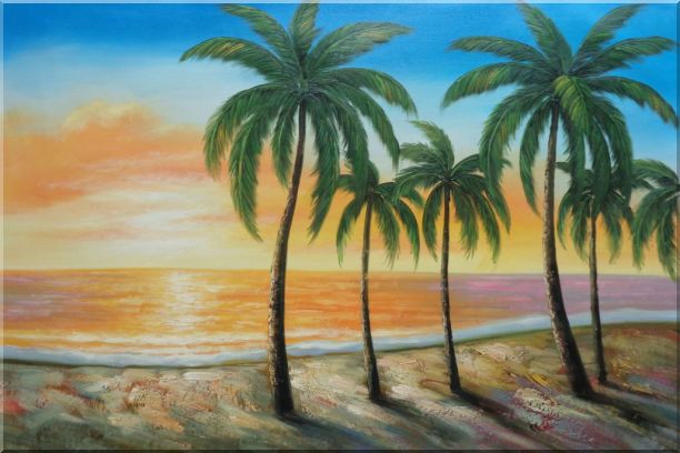 Tropical Paradise of Palm Trees on Sunset at Seaside Oil Painting Seascape America Naturalism 24 x 36 Inches