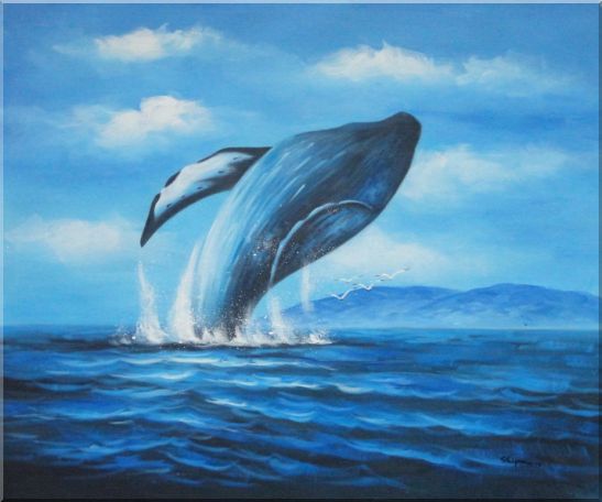 Whale Jumping Out of the Water Oil Painting Animal Marine Life Naturalism 20 x 24 Inches