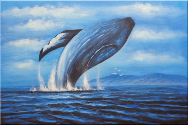 Whale Jumping Out of the Water Oil Painting Animal Marine Life Naturalism 24 x 36 Inches