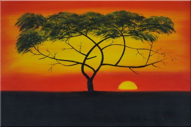 African Lonely Tree at Red Sunset Oil Painting Landscape Naturalism 24 x 36 Inches