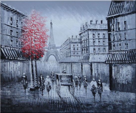 Paris Street to Eiffel Tower Black and White Oil Painting Cityscape Impressionism 20 x 24 Inches