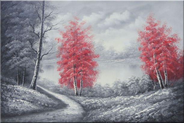 Two Red Leave Trees in Black and White Landscape Oil Painting Naturalism 24 x 36 Inches