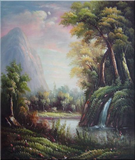 Summer Waterfall Under Mountain Oil Painting Landscape River Classic 26 x 22 Inches