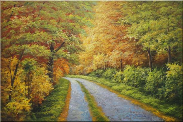 Peaceful Path in Golden Autumn Forest Oil Painting Landscape Tree Naturalism 24 x 36 Inches