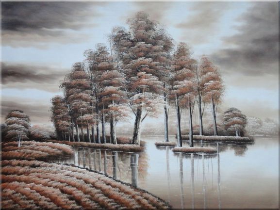 Trees and Reflections in a Light Brown Landscape Oil Painting Decorative 36 x 48 Inches