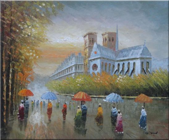 Rainy Day Near Notre Dame Cathedral Oil Painting Cityscape France Impressionism 20 x 24 Inches