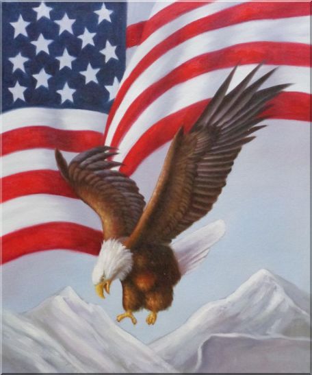 Bald Eagle Flying by American Flag Oil Painting Animal Naturalism 24 x 20 Inches