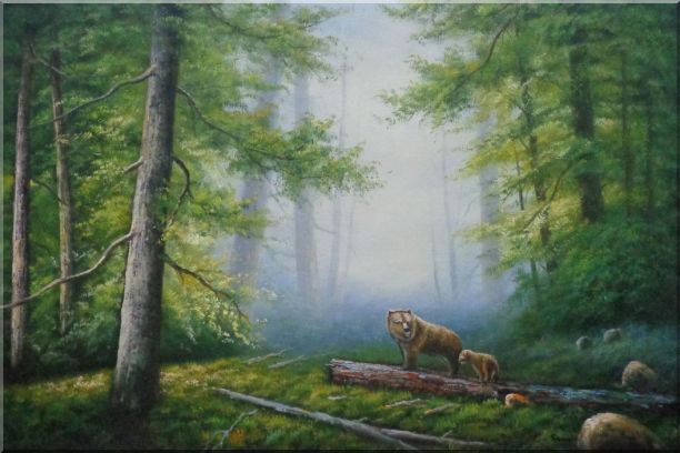 Bear Mother and Child Wandering in Deep Forest Oil Painting Animal Classic 24 x 36 Inches