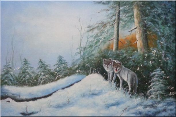 Pair of Wolves in Snow Forest Oil Painting Animal Wolf Naturalism 24 x 36 Inches