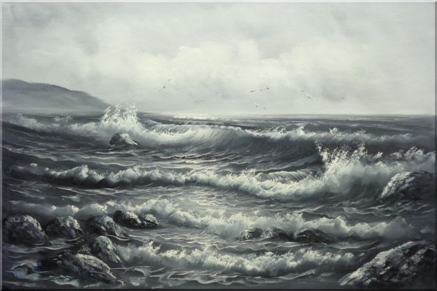 Black White Birds Flying Over Sea Waves Oil Painting Seascape Naturalism 24 x 36 Inches