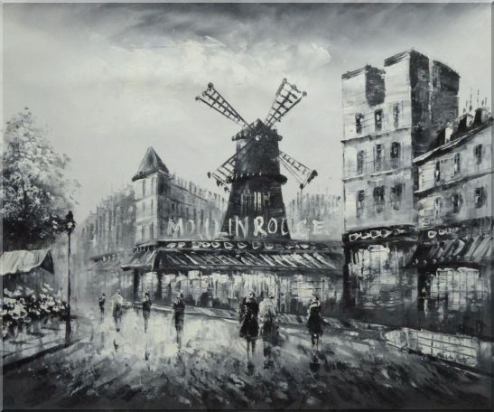 Moulin Rouge in Black and White Oil Painting Cityscape Impressionism 20 x 24 Inches