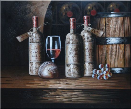 Still Life of Wine Cask, Wine Bottles, And Wine Glass Oil Painting Fruit Classic 20 x 24 Inches