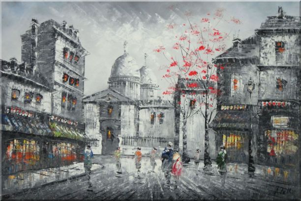 Romantic Evening on Street Of Paris Oil Painting Black White Cityscape France Impressionism 24 x 36 Inches