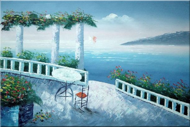Mediterranean Fantasy Seashore Garden Oil Painting Impressionism 24 x 36 Inches