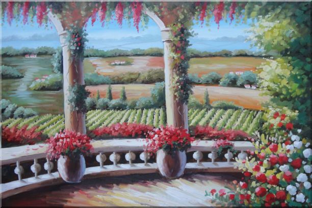 Tuscany Patio Surrounded by Vineyard Winery Oil Painting Landscape Field Italy Naturalism 24 x 36 Inches