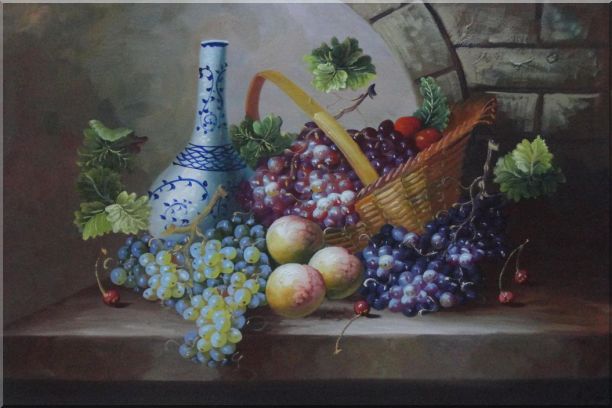 Still Life of Grapes, Peaches, Basket and Blue Pattern White Jar Oil Painting Fruit Classic 24 x 36 Inches