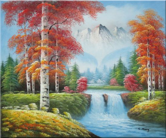 Small Waterfall Scenery in Autumn Oil Painting Landscape Naturalism 20 x 24 Inches