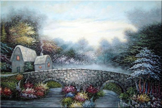 Stretched Flowers, Stone Bridge and Cabins Oil Painting Garden Naturalism 24 x 36 Inches