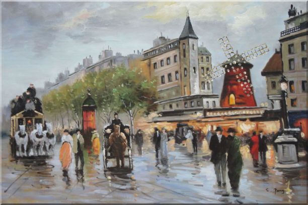 People Walk on Paris Street at Dusk Oil Painting Cityscape France Impressionism 24 x 36 Inches