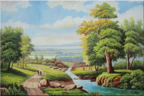 Walking on Village Road with Lake, Mountain and Old Trees Oil Painting Landscape River Classic 24 x 36 Inches