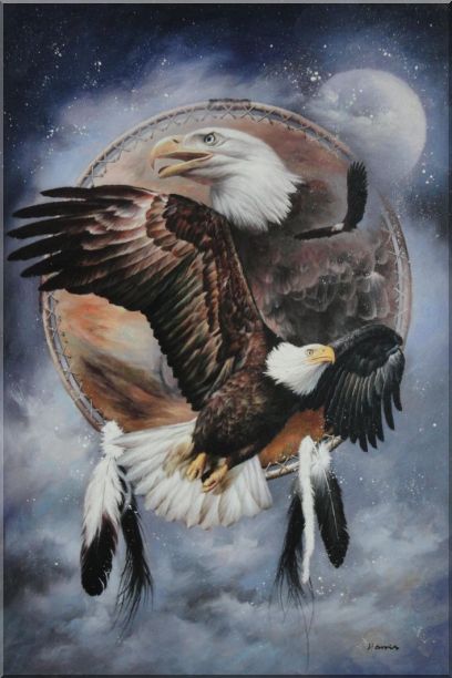 Native American Art of Bald Eagles Oil Painting Animal Modern 36 x 24 Inches