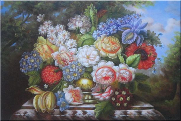Roses, Peonies and Other Flowers in a Bronze Vase on a Outdoor Stone Plinth Oil Painting Still Life Bouquet Classic 24 x 36 Inches