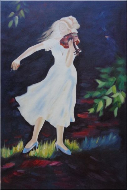 Girl Plays Violin in the Garden Oil Painting Portraits Woman Musician Impressionism 36 x 24 Inches