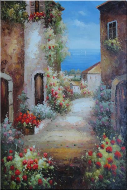 Mediterranean Alley With Flowers Oil Painting Naturalism 36 x 24 Inches