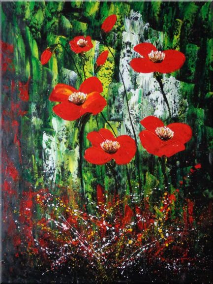 Magnificent Red Flowers Sing in Green Oil Painting Decorative 48 x 36 Inches