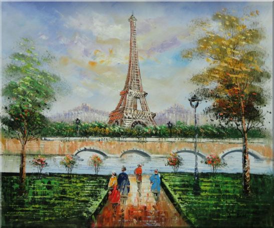 Figures, Eiffel Tower, and The Seine River at Spring Oil Painting Cityscape France Impressionism 20 x 24 Inches
