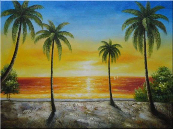 Seashore Palm Trees on Sunset Oil Painting Seascape America Naturalism 36 x 48 Inches