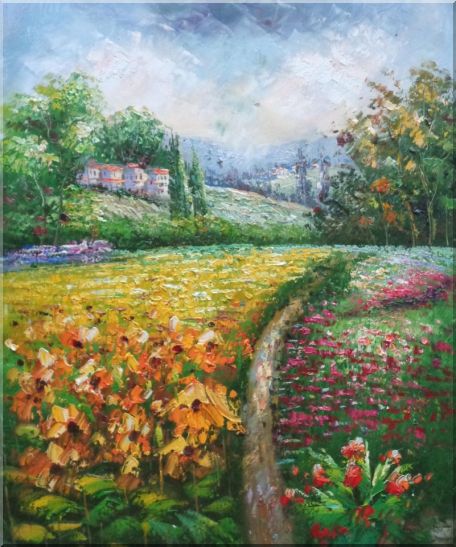 Flowering Meadow around Village Oil Painting Landscape Field Impressionism 24 x 20 Inches