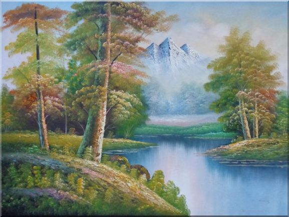 Quiet Stream and Trees Under Snow Mountain in Alaska Oil Painting Landscape River Naturalism 36 x 48 Inches