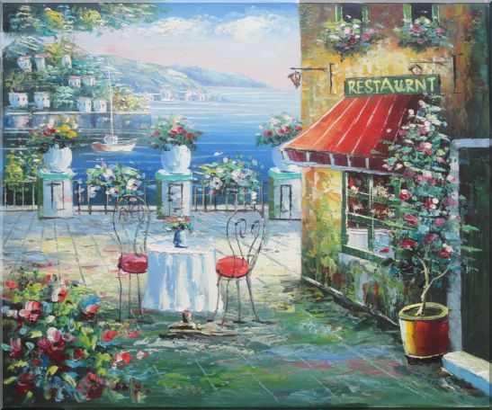 Beach Sidewalk Restaurant Oil Painting Mediterranean Naturalism 20 x 24 Inches
