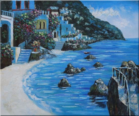 Flowers Surround Oceanside Beach House Oil Painting Mediterranean Naturalism 20 x 24 Inches