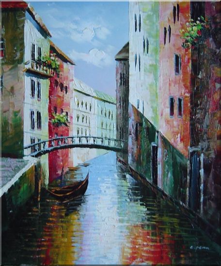 Summer Small Boat Across Bridge in Venice Water Canal Oil Painting Italy Naturalism 24 x 20 Inches