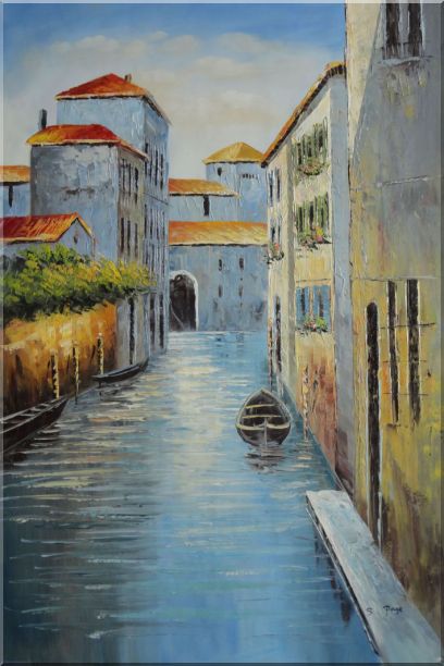 Small Boat in Venice Water Canal Oil Painting Italy Naturalism 36 x 24 Inches