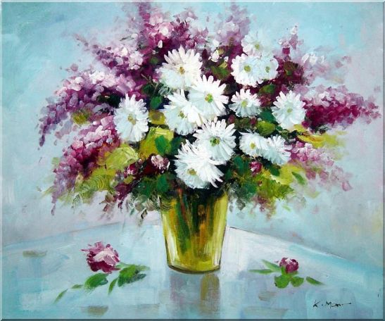 Purple and White Mum and Purple Stock Flowers in Vase Oil Painting Still Life Bouquet Impressionism 20 x 24 Inches