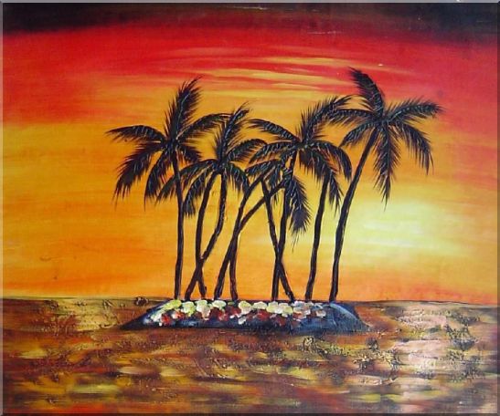 Palm Trees Silhouettes on Red and Orange Sky Sunset Oil Painting Seascape America Naturalism 20 x 24 Inches