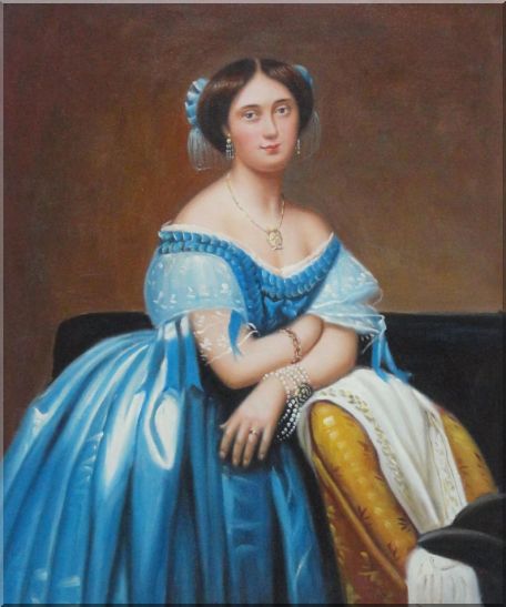 A Sitting Noble Lady In Blue Satin And Sumptuous Jewels Oil Painting Portraits Woman Classic 24 x 20 Inches