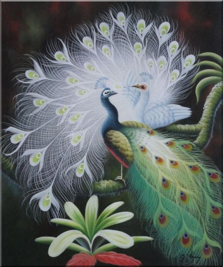 White Peacock Show Feathers to Green Peacock Oil Painting Animal Naturalism 24 x 20 Inches