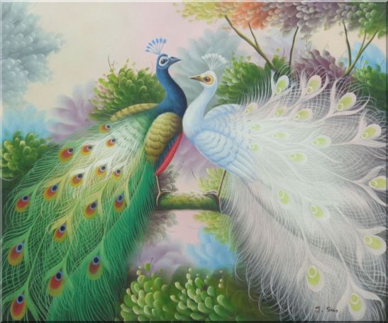 Blue and White Peacocks on Tree Branch Oil Painting Animal Naturalism 20 x 24 Inches