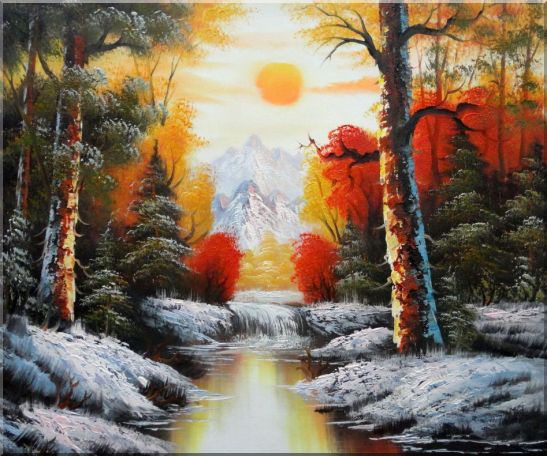 Golden Sunset Over Snow Covered Mountain and River Oil Painting Landscape Naturalism 20 x 24 Inches