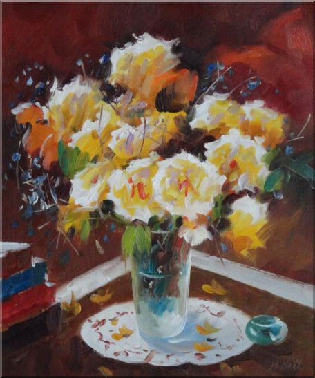 Beautiful Yellow Roses in Vase on Table Oil Painting Flower Still Life Bouquet Impressionism 24 x 20 Inches