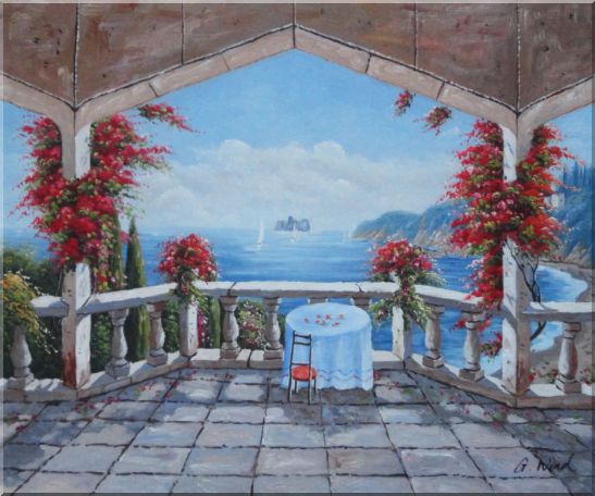 Outlook of Mediterranean from a Patio with Red Flower Oil Painting Naturalism 20 x 24 Inches
