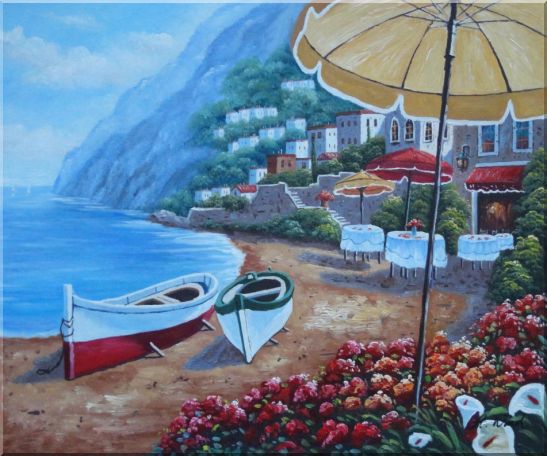 Boats, Beachside Restaurant and Mountainside Red Roof Houses Oil Painting Mediterranean Naturalism 20 x 24 Inches