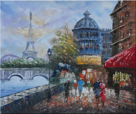 People Walk on Seine Riverside with Eiffel Tower in View Oil Painting Cityscape France Impressionism 20 x 24 Inches