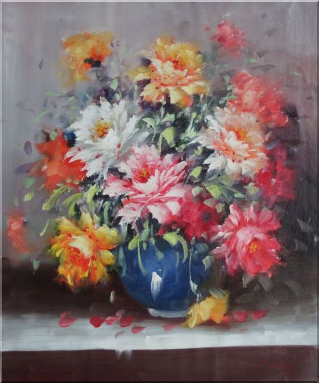 Still Life of Flowers in a Blue Vase Oil Painting Naturalism 24 x 20 Inches