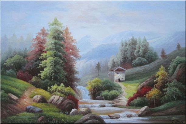 Small Creek Cascade Waterfall Mountain Valley Scenery in Autumn Oil Painting Landscape River Naturalism 24 x 36 Inches